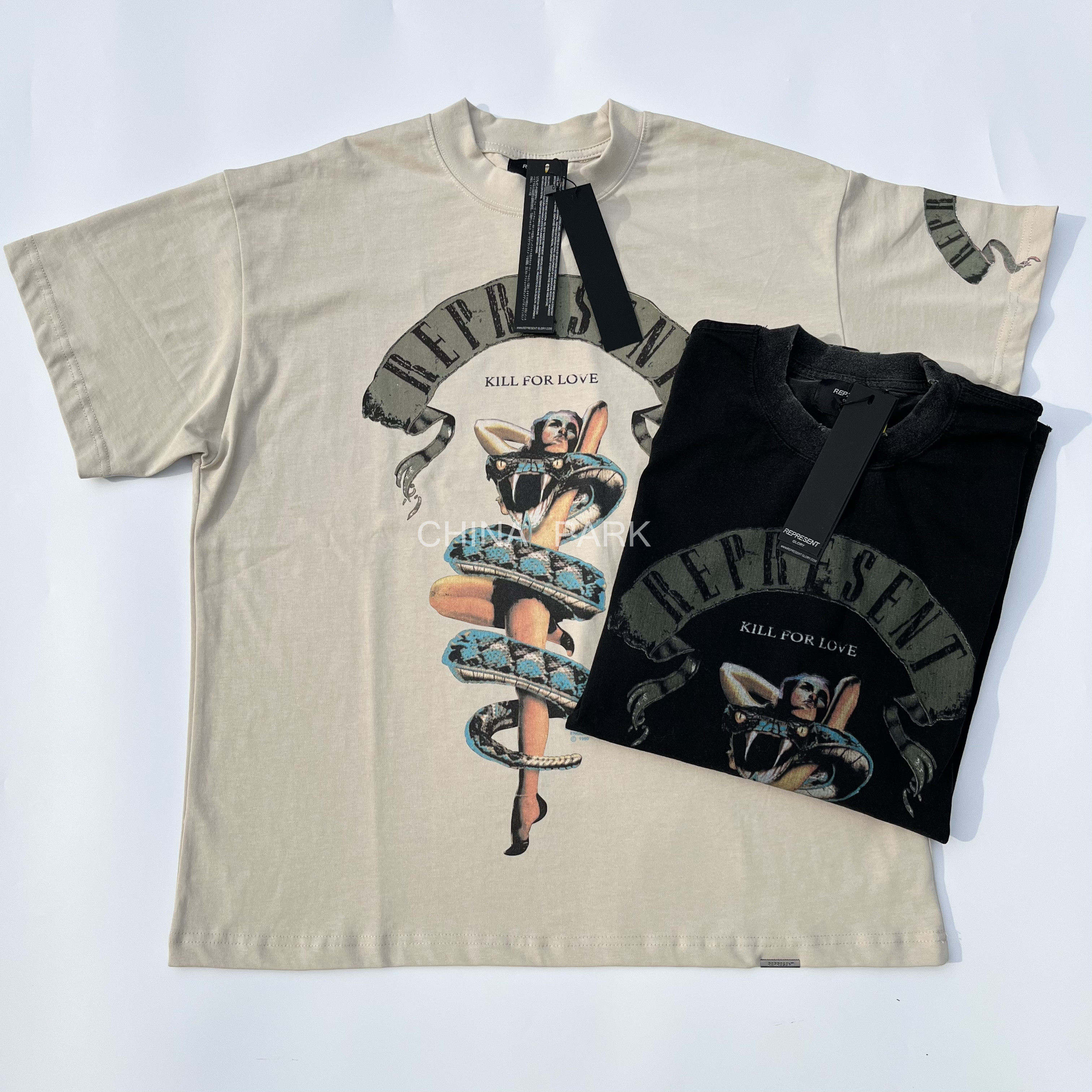 represent短袖美式高街复古做旧水洗破坏蟒蛇摇滚印花宽松t恤半袖