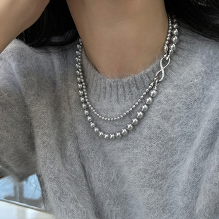 真多麻灰色珍珠项链女2024新款爆款轻奢小众高级感双层叠戴锁骨链