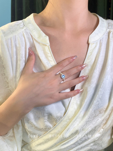 海蓝宝珍珠戒指女小众设计宝石食指戒时尚个性轻奢高级感指环尾戒