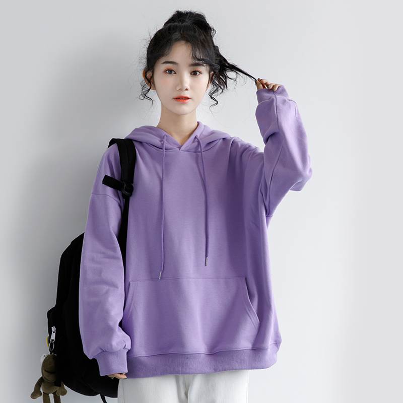 春季新款紫色卫衣女春秋韩版宽松套头连帽长袖上衣ins潮—家居服套装