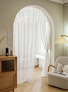 韩式白色蕾丝窗帘窗纱帘田园美式凤尾纱花边款门帘隔断免打孔安装