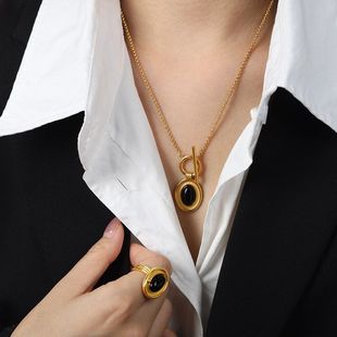 法式项链轻奢小众葡萄牙设计师钛钢镀金洋气黑金搭配不掉色戒指女