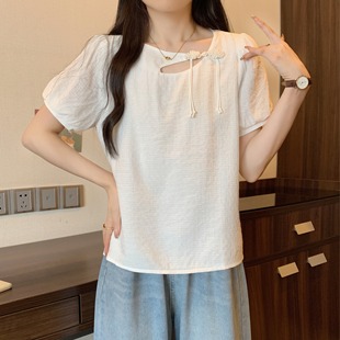 2024夏季新中式国风短袖衬衫女新款复古珍珠盘扣大码女装上衣