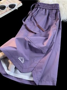 紫色网眼速干透气短裤男夏季运动薄款多巴胺大码宽松休闲五分裤子