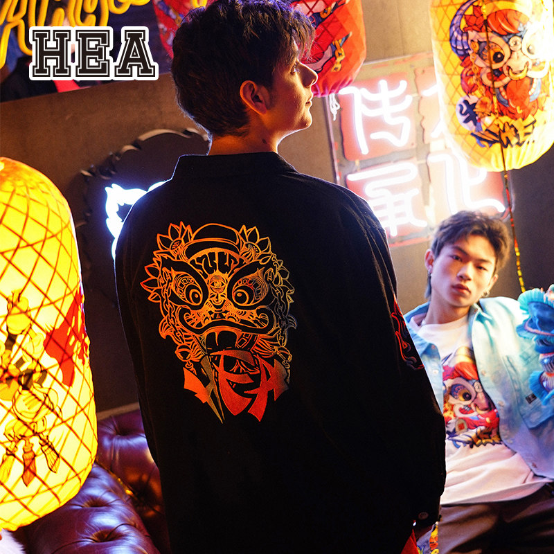 hea醒狮潮牌开心简单潮流休闲灯芯绒男女同款刺绣衬衫夹克外套