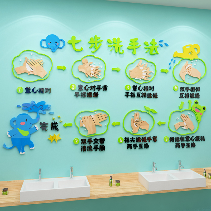 七步洗手法墙贴亚克力3d立体防疫主题装饰幼儿园环创主题材料布置