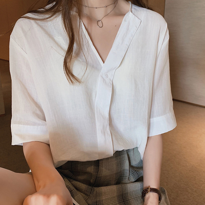 港风白色衬衣女宽松短袖韩风小衬衫洋气百搭v领锁骨上衣夏季新款