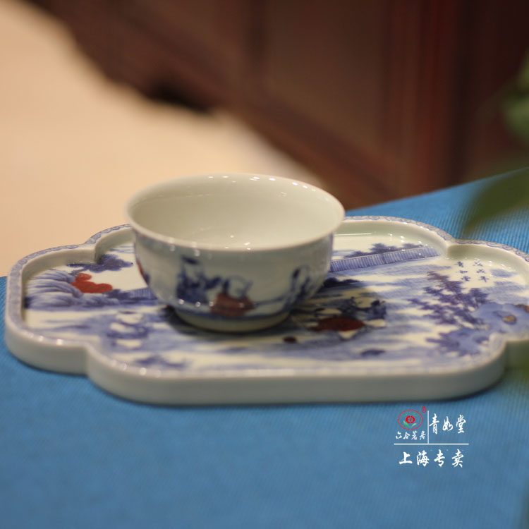 【青如堂】全手工精品青花釉里红童子赏盘/茶盘 六合茗居