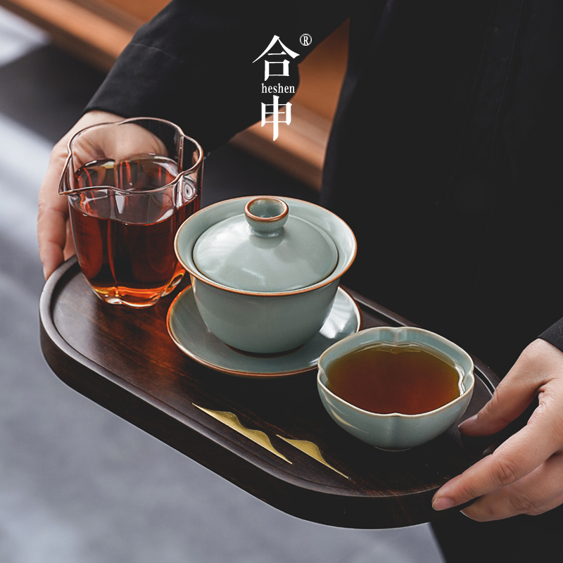 一人用盖碗茶杯汝窑开片冰裂纹茶具泡茶碗主人杯公道杯小套装简约