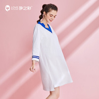 孕之彩孕妇装连衣裙2021春秋款日系学院风V领休闲撞色长袖孕妇裙
