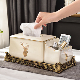 美式客厅家用多功能纸巾盒收纳盒遥控器茶几欧式创意抽纸盒陶瓷