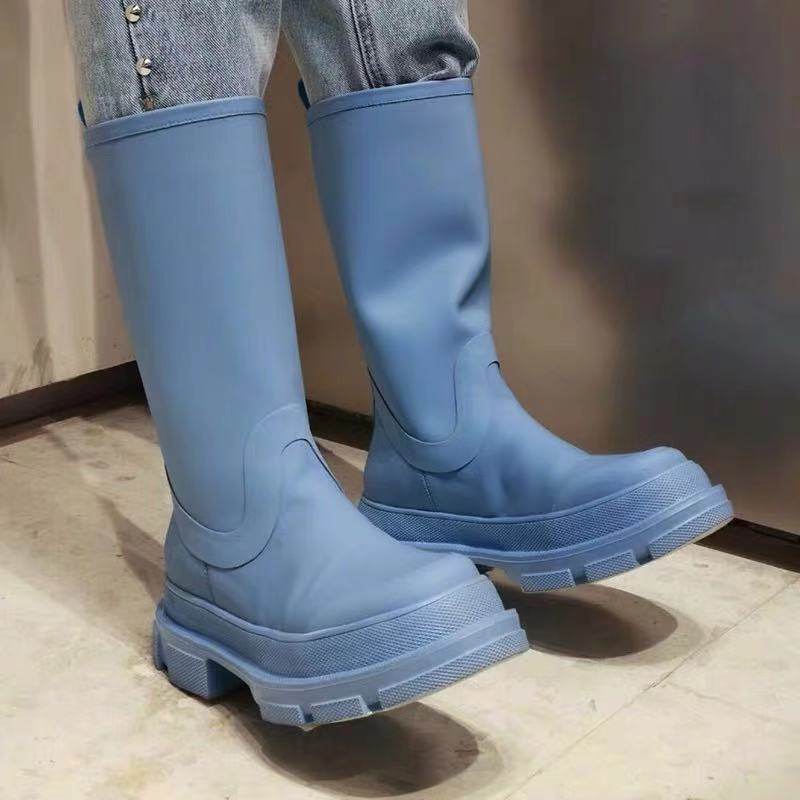 2020新款蓝色不过膝长靴厚底弹力高筒百搭显瘦欧美风青年秋冬女靴