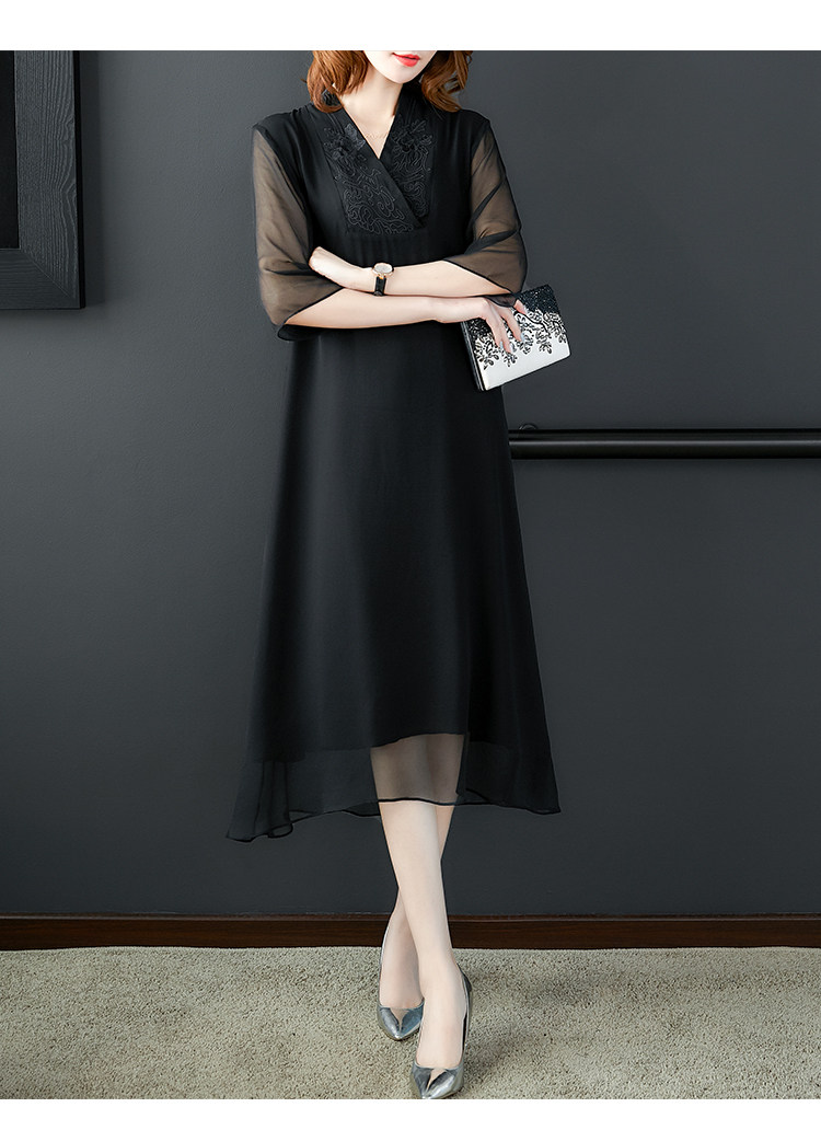 黑色真丝连衣裙女2020新款春装名媛气质桑蚕丝大牌长裙显瘦