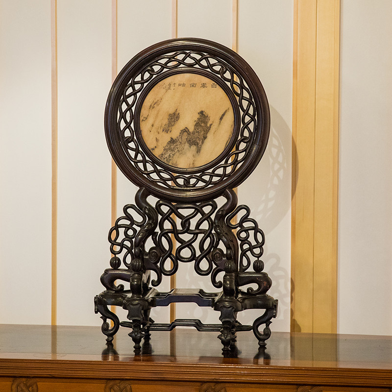 清代红木镶云石透雕绳纹圆形座屏老物件文玩古董收藏中式屏风摆件