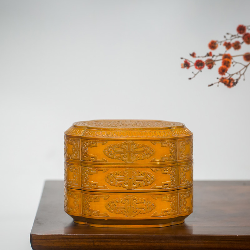 清代竹簧海棠形双层盖盒老物件文玩古董收藏文房用品竹簧盖盒摆件