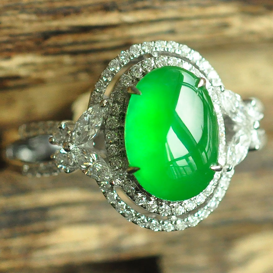 福茗翡翠~收藏级冰种a货黄阳绿蛋面戒指--18k金钻镶嵌 3.45g