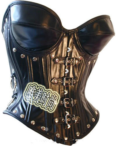 新品黑色真皮corset束腰宫廷马甲钢骨corset哥特式罩杯束身衣包邮