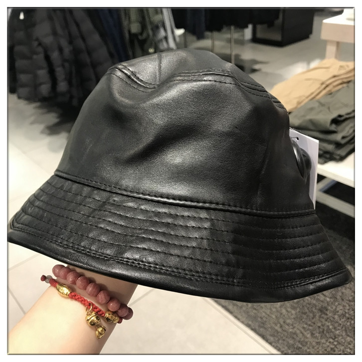 一折hm帽子_hm8mz 仿皮渔夫帽pu皮质盆帽秋冬帽子潮牌显脸小大头围