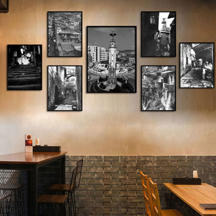 80年代怀旧黑白老重庆市井照片挂画火锅店墙面装饰画复古餐厅壁画