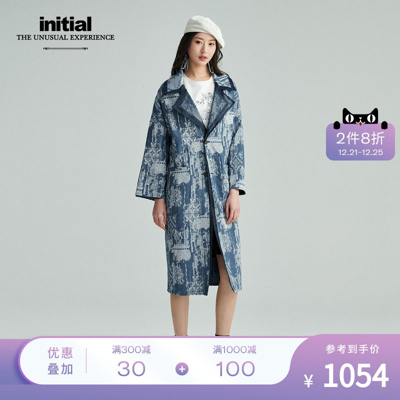 initial棋盘扣外套简约中长收腰西装风衣女19fcoflmxx099