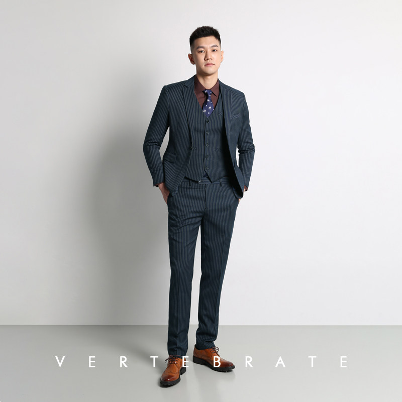 脊椎动物男装韩版职业装两件套西服英伦风商务深碳灰条纹套装西装