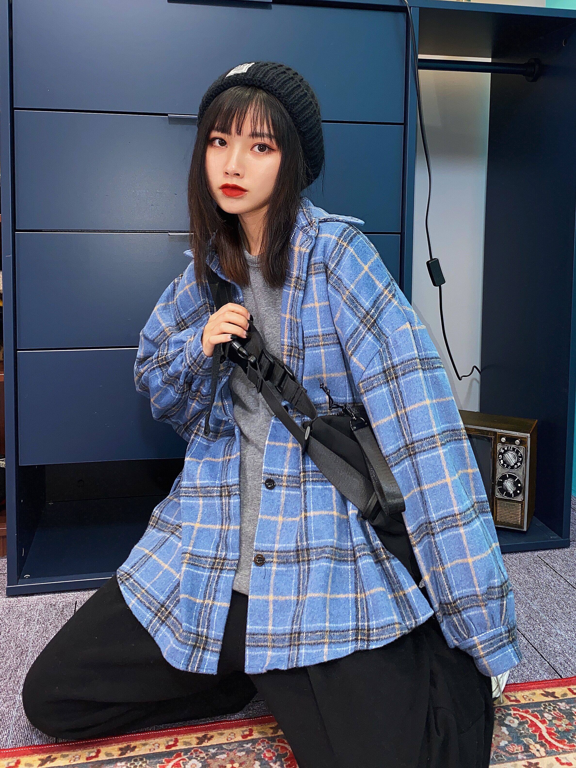 格子衬衣女冬款_【一碗楚欣】格子衬衫女2019秋冬款复古磨毛长袖衬衣