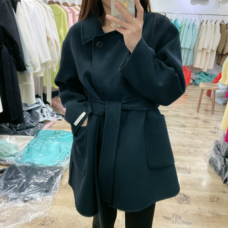 韩版夜幕蓝双面呢大衣21秋冬中长款方领显瘦系带全澳毛绒外套女装