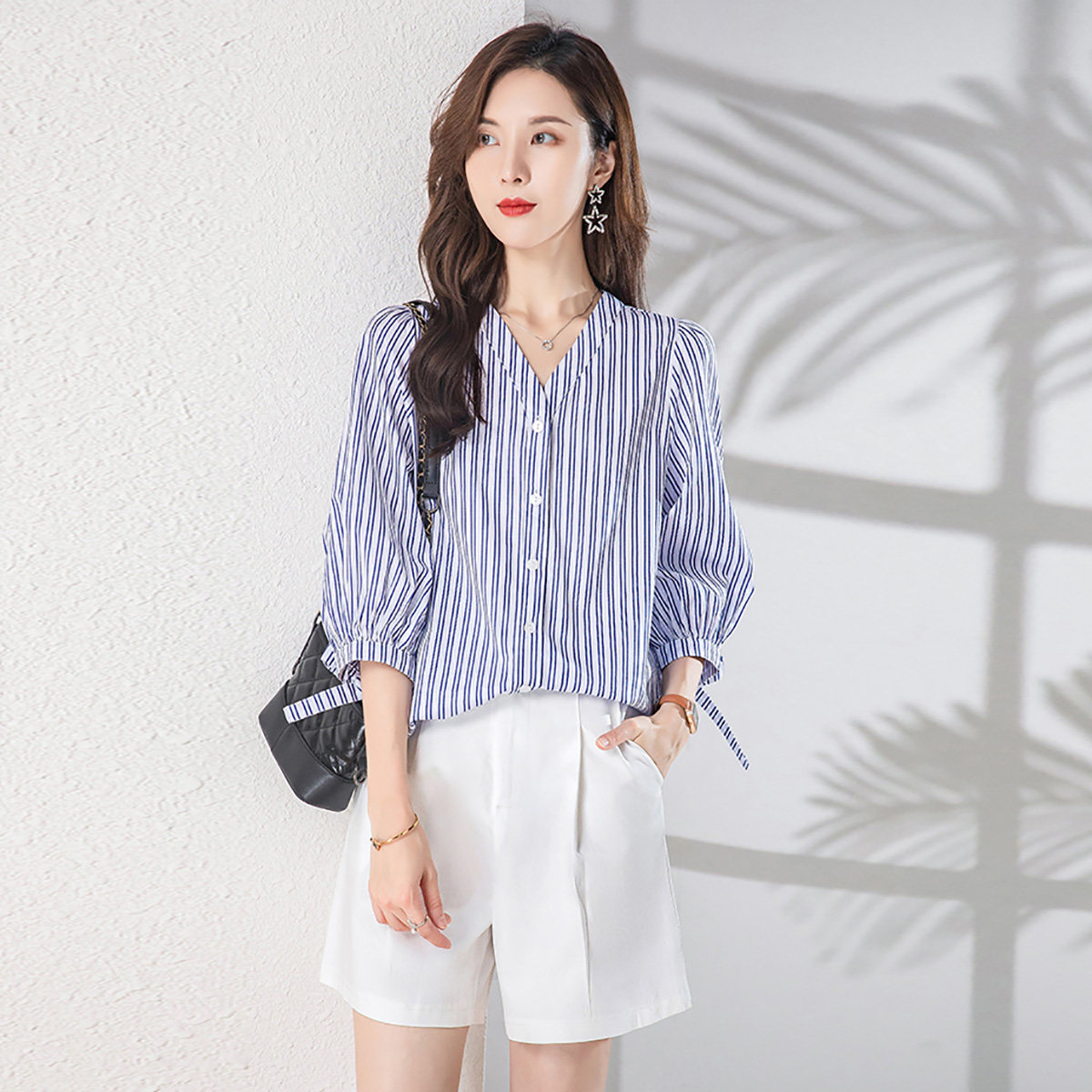 七分袖清新条纹衬衫女2022年夏季新款气质宽松韩版简约女神范上衣
