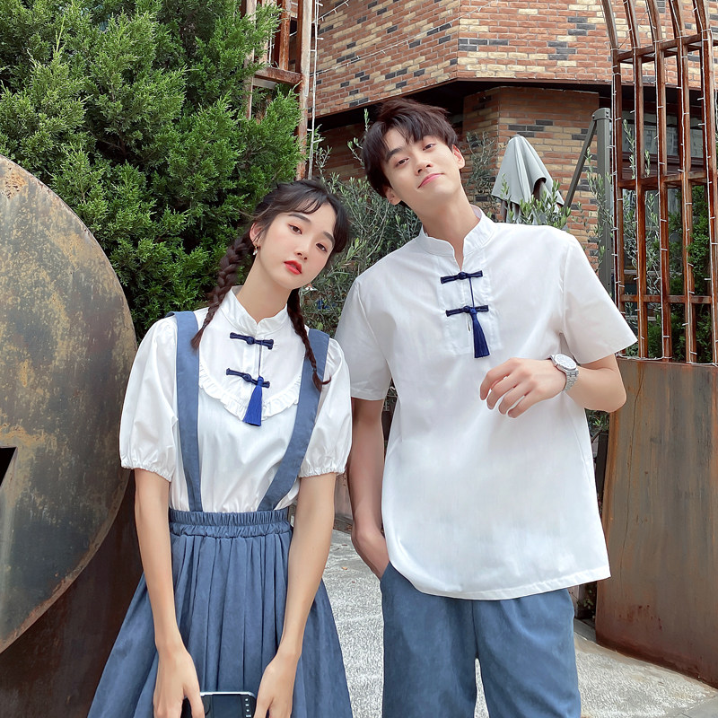 情侣装夏装套装中国风唐装短袖复古民国风男女裙子汉服t恤班服潮