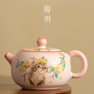 粉色汝窑猫咪西施壶单个大号家用陶瓷功夫茶具泡茶壶单壶泡茶器