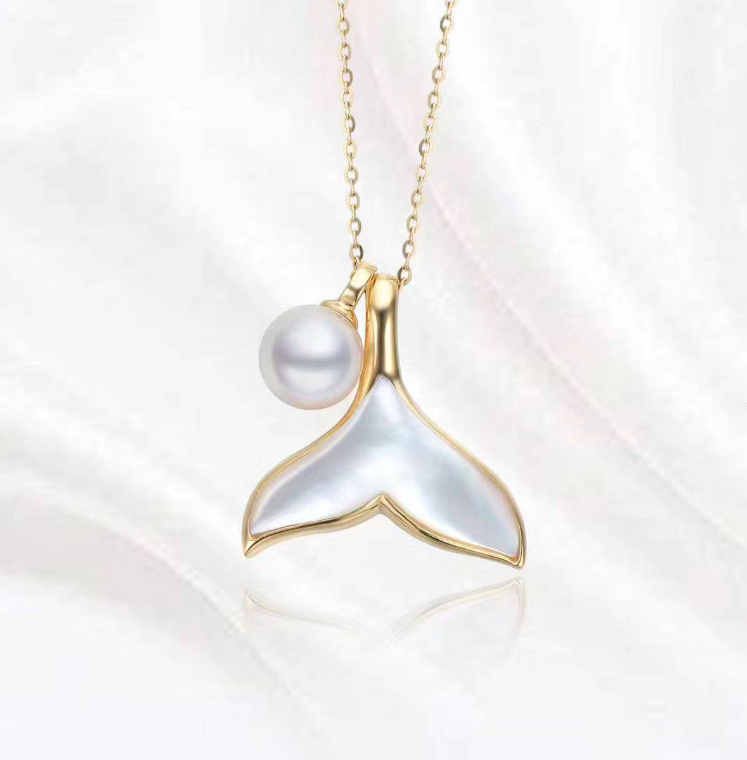 18k金白母贝美人鱼尾日本akoya海水珍珠吊坠项链锁骨链厚金版