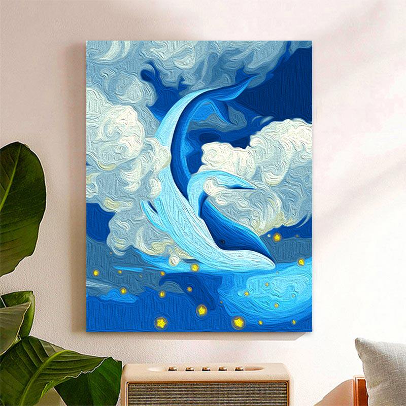 缘色diy数字油彩画卡通蓝鲸油画填色治愈情侣画涂色画填充装饰画