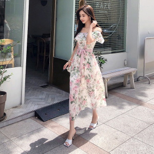 2022 spring and summer new Korean fashion temperament Bohemian printed holiday style one shoulder dress