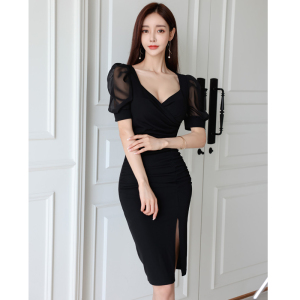 High waist slim dress with sexy split buttock skirt