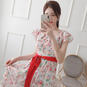 2022 summer new French one shoulder floral dress women's waist slim lace up long skirt