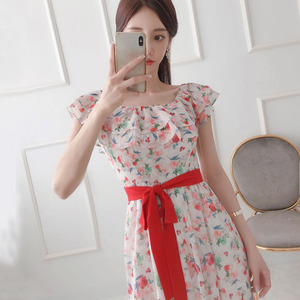 2022 summer new French one shoulder floral dress women's waist slim lace up long skirt