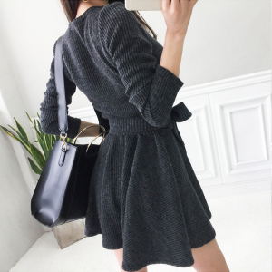 Spot 2021 autumn winter new V-Neck long sleeve knitted dress Korean slim lace up dress women