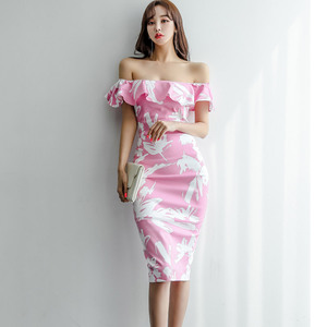 2022 summer clothes new Korean style temperament celebrity one-line collar Ruffle slim print Hip Wrap Dress