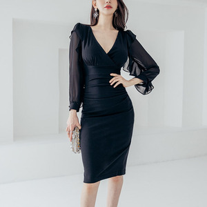 2022 spring new Korean style fashionable temperament elegant slim sexy V-neck chiffon long sleeve Hip Wrap Dress