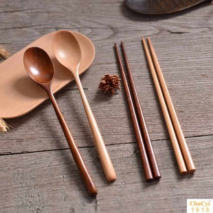 木调羹木筷子日式实木勺子筷子套装楠木勺筷两件套便携木质餐具,可在
