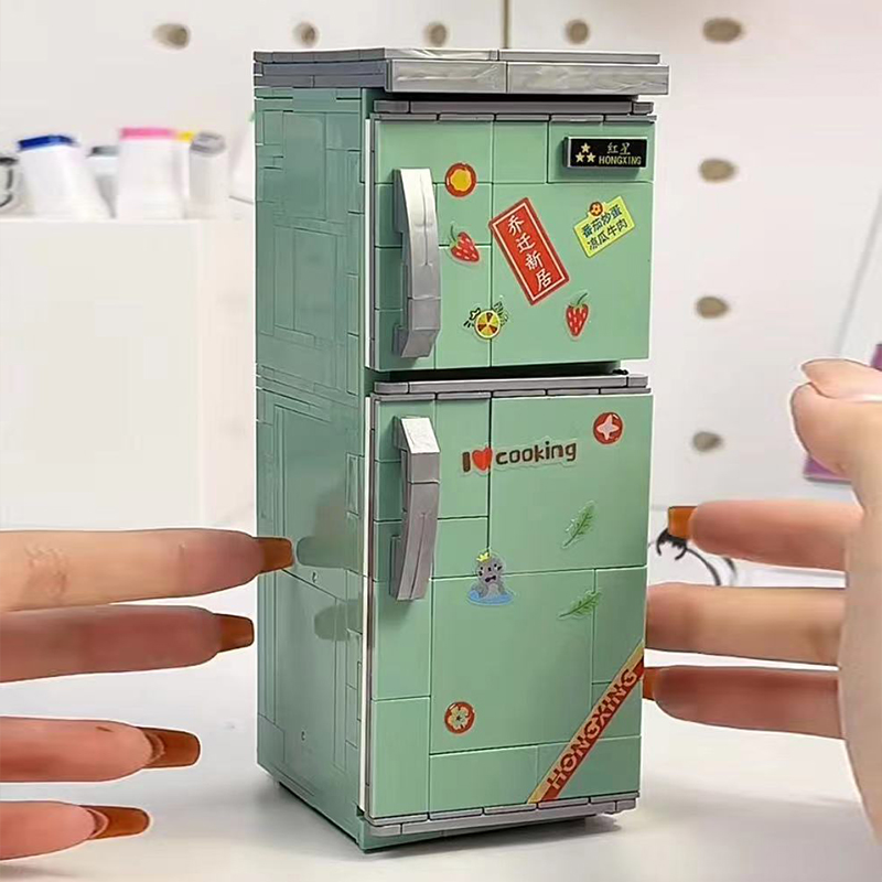哲高中国场景积木模型复古电视机冰箱