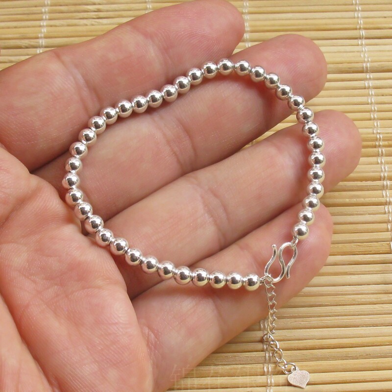小圆珠纯银手链女足银手串手链素银佛珠串珠子光面纯银饰品可调节