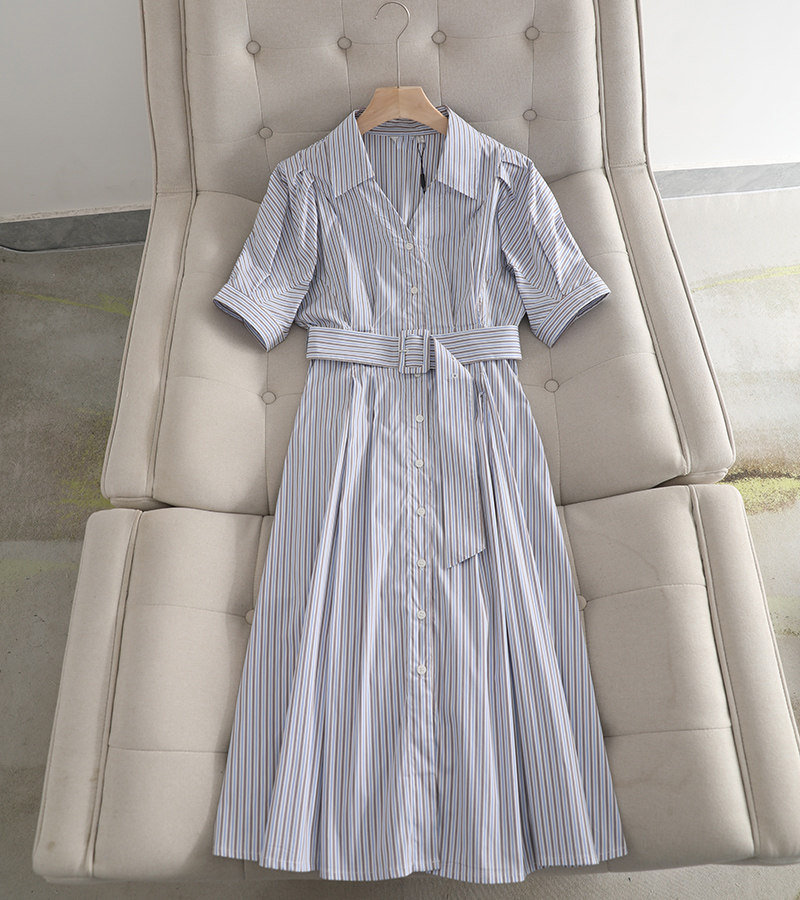 伊家何穗t款连衣裙女2022夏季新款条纹亚麻裙子通勤收腰衬衫裙