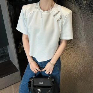 法式新中式国风盘扣上衣高端时装设计感小众白色修身短袖t恤女