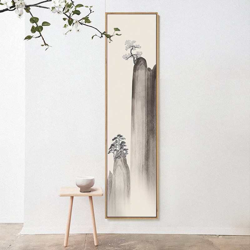 新中式背景墙茶室客厅挂画古风四联竖条水墨画现代现代装饰画