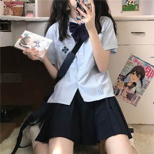 jk制服套装辣妹风琴褶衬衫短袖夏季蓝色衬衣韩系校服学院风上衣女