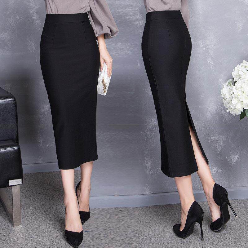 春夏蕾丝包臀半身裙高腰中长款修身一步裙后开叉职业裙黑色铅笔裙 79