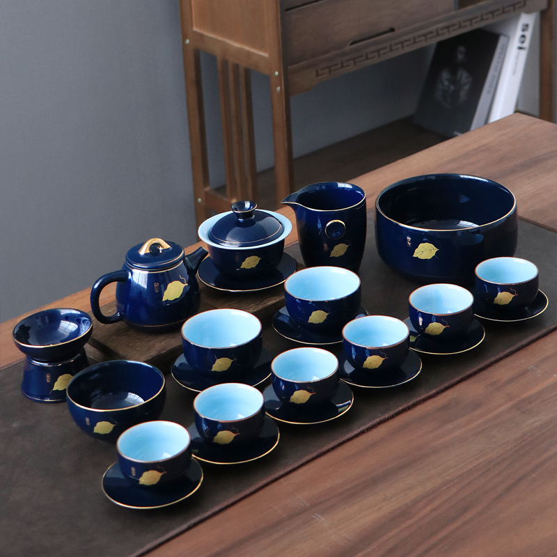 简约陶瓷功夫茶具套装家用办公室会客高档礼盒装霁蓝盖碗茶壶茶杯