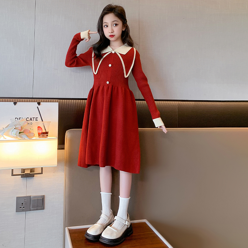 女童秋冬新款红色针织连衣裙时髦女大童长袖毛衣裙儿童公主裙子潮