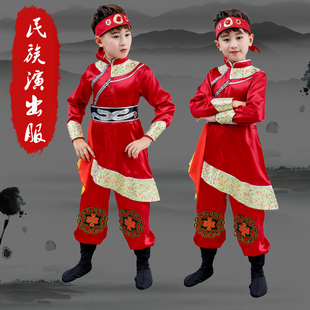 新款儿童蒙古演出服男红色中小学生表演服藏族服装男童赫哲族服装